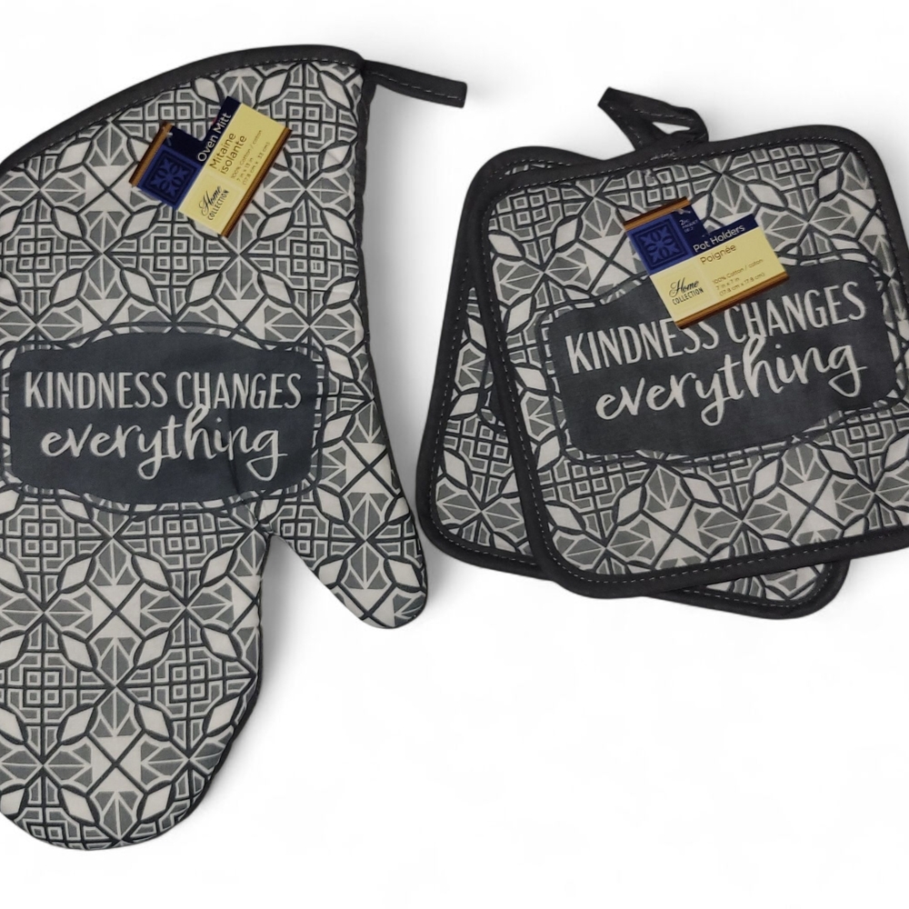 3 Piece Home Collection Gray Patterned Oven Mitt and Pot Holder Set